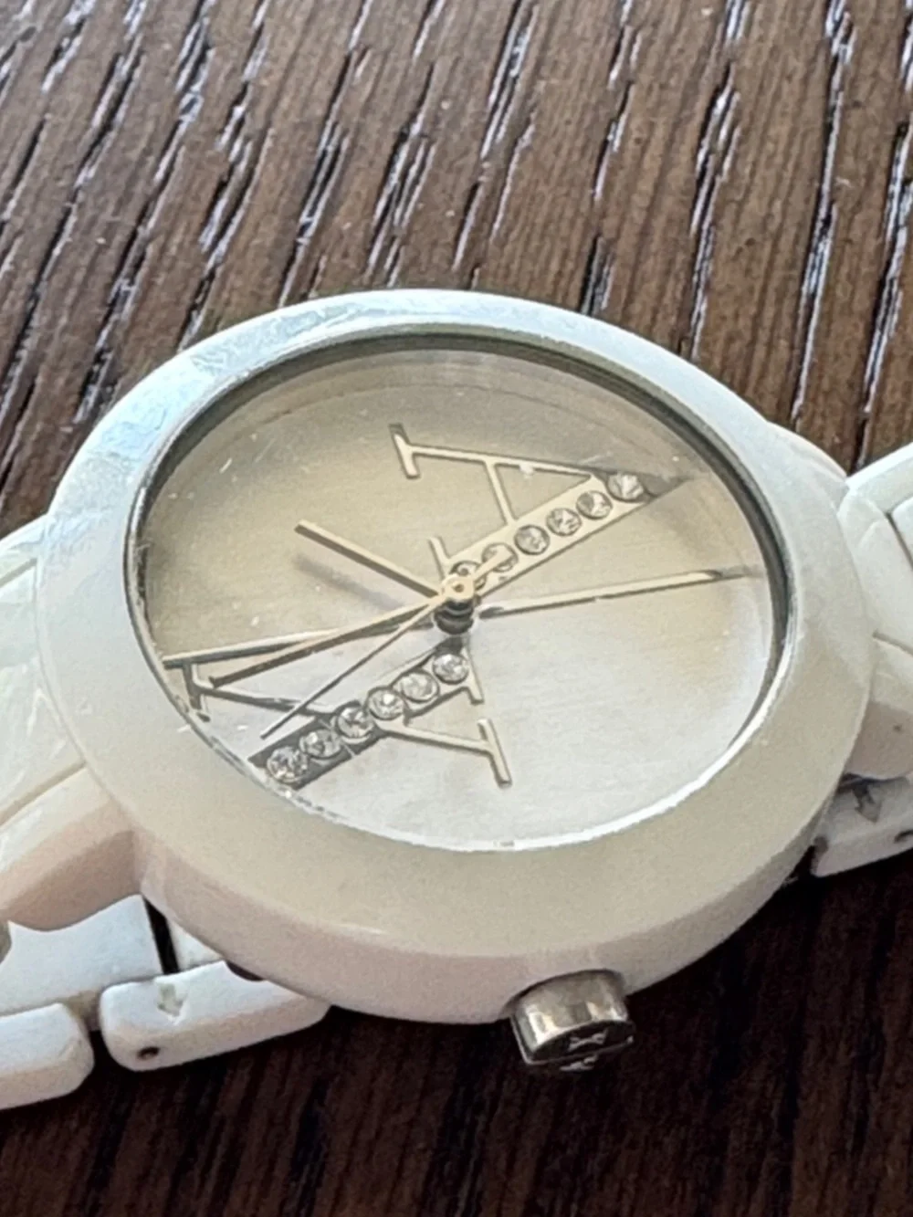 Armani Exchange White Acrylic Bracelet Watch with Diagonal Crystal Detail